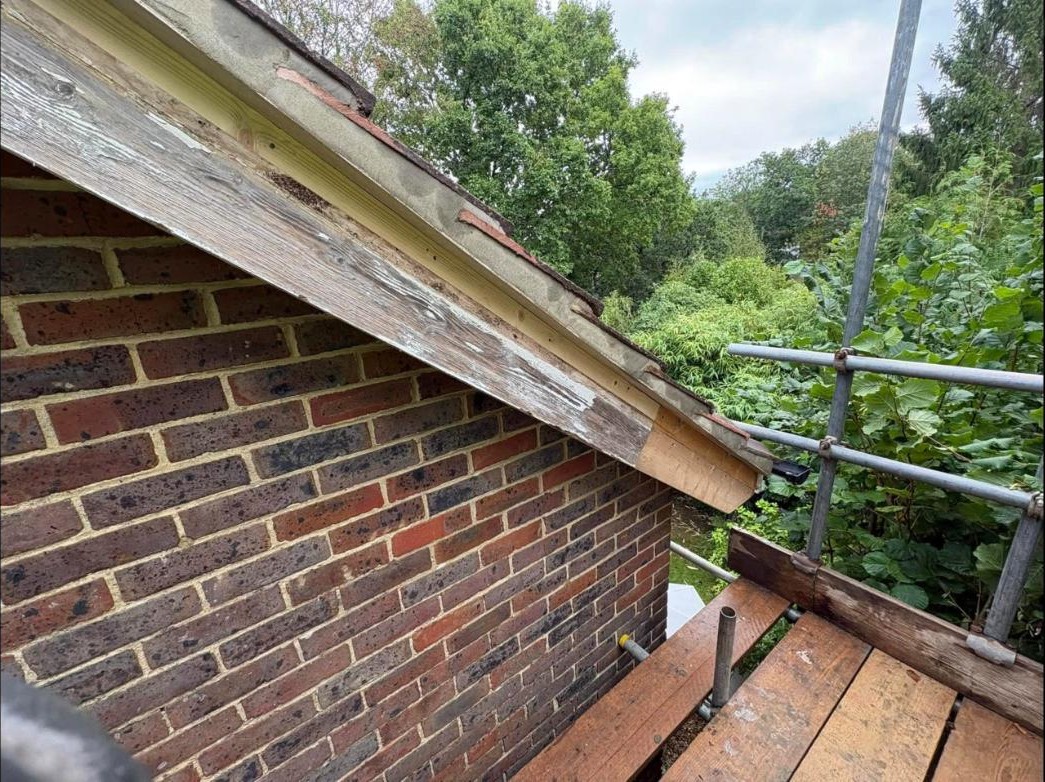 New timber spliced into a barge board, replacing a rotten section, Forest Row